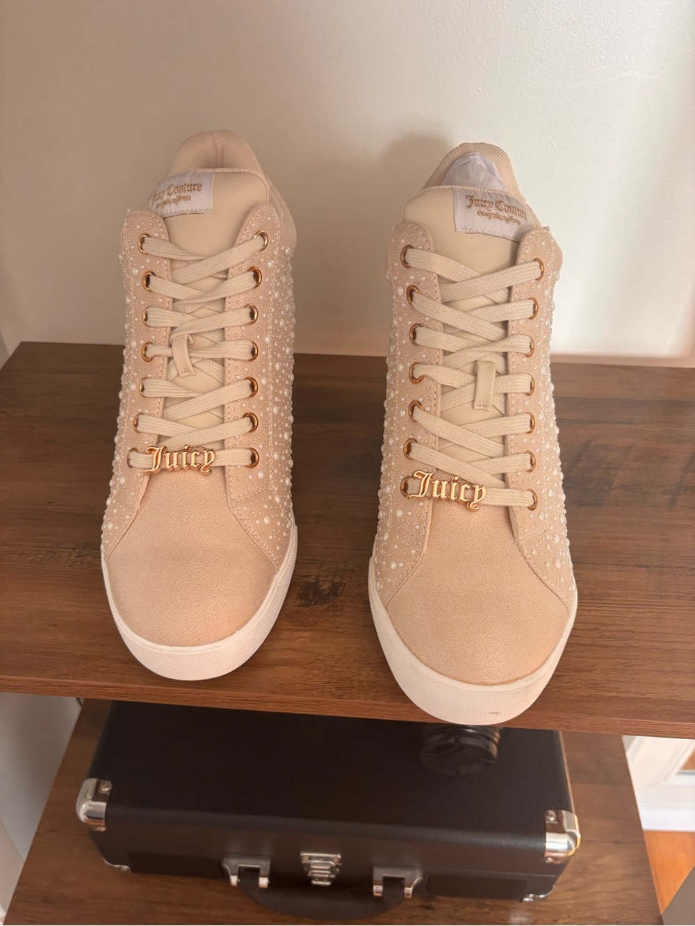 Juicy Couture Beige Pearl-Embellished Lace-Up Sneakers